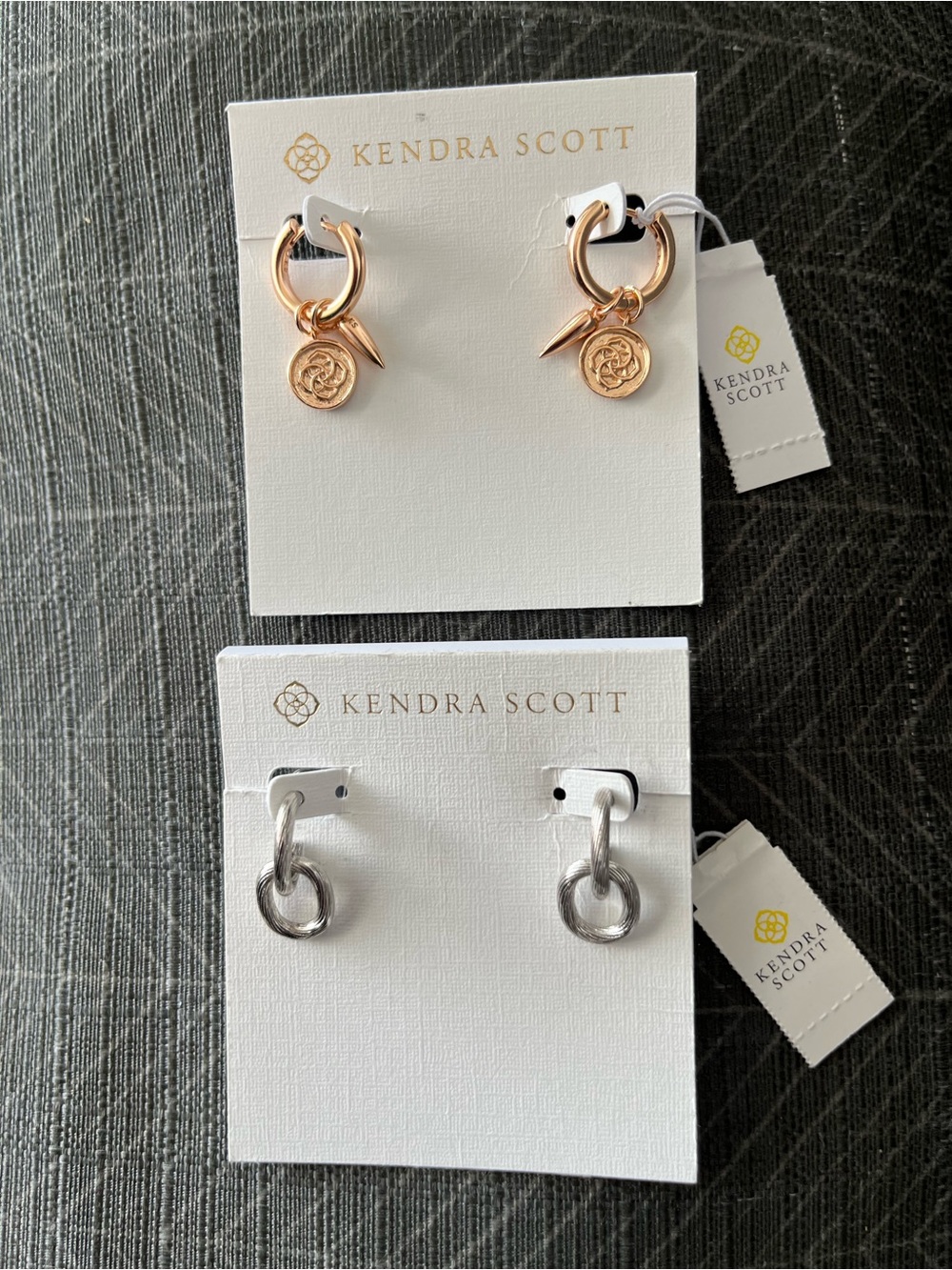 NWT Kendra Scott Earring Bundle. Rose Gold Charm Huggie & Silver Linked Hoop